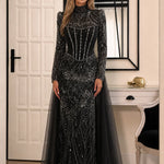 High Neck Beaded Long Sleeve Evening Gown with Tulle Overskirt
