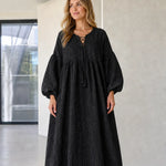 Women's Boho Lace-Up Tassel Maxi Dress Long Balloon Sleeve Textured Caftan