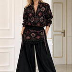 Women's Ethnic Pattern V-Neck Blouse and Balloon Pants Two-Piece Set
