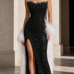 Strapless Embellished Sequin Maxi Evening Gown with Thigh Slit