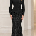 Sequined Peplum Long Sleeve Formal Evening Gown