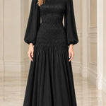 Elegant Mock Neck Lace Bodice Long Sleeve Chiffon Maxi Dress