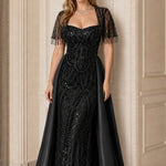 Sequin Beaded Evening Gown with Fringe Tassel Sleeves and Satin Overskirt Train