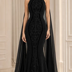 High Neck Embroidered Mermaid Evening Gown with Attached Cape
