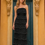 Elegance Tiered Beaded Strapless Maxi Dress