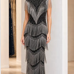 Vintage Art Deco Beaded Fringe Evening Gown | High Neck Maxi Formal Dress