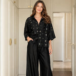 Polka Dot Button-Down Shirt and Wide-Leg Pants Two-Piece Set