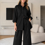 Women's Relaxed Button-Down Shirt and Wide-Leg Trousers Two-Piece Set