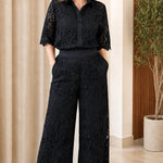 Women's Elegant Lace Button-Down Shirt and Wide-Leg Pants Set