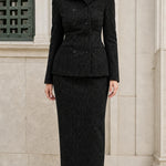 Double-Breasted Tweed Blazer and Column Maxi Skirt Two-Piece Suit Set