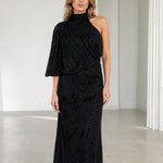One-Shoulder High Neck Embellished Maxi Dress with Draped Flutter Sleeve