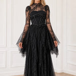 Long Sleeve Lace Corset Maxi Dress with Tassel Fringe and Cutout Back