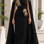 Elegant Evening Dress with Attached Cape & Gold Embroidery