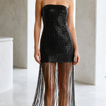 Strapless Metallic Fringe Bodycon Mini Dress