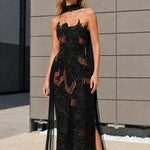 Elegance Beaded Halter Fringe Evening Gown