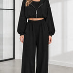 Women's 3-Piece Casual Cropped Zip Hoodie and Wide-Leg Lounge Set
