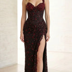 Beaded Corset Evening Gown with High Slit and Draped Waist