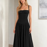 Women's Ruched Bust Drop Waist Maxi Dress Sleeveless Flowy Evening Gown