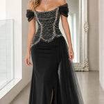 Off-the-Shoulder Beaded Corset Evening Gown with Tulle Drape