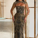 Sequined Beaded Mermaid Evening Gown with Beaded Fringe Capelet