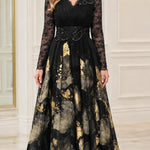Metallic Floral Lace Long Sleeve Evening Gown with Beaded Waist