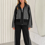Women's Textured Contrast Zip-Up Jacket and Wide-Leg Pants Two-Piece Set