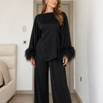 Satin Feather Cuff Two-Piece Top and Wide-Leg Pants Set