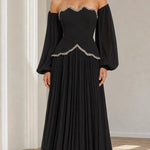 Off-The-Shoulder Beaded Scallop Choker Pleated Maxi Evening Gown