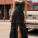 Boho Corset Bodice Tiered Maxi Dress with Lace Insets and Front Slit