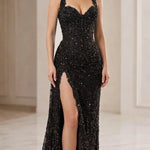 Halter Neck Corset Sequin Evening Gown with Thigh Slit