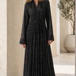 Elegant Pleated Shimmer Long Sleeve Maxi Dress with Waist Tie