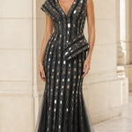 Mirrored Sequin Embellished Peplum Mermaid Evening Gown