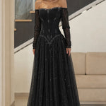 Off-the-Shoulder Pearl Beaded Basque Waist Corset Evening Gown