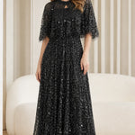 Elegant Sequin Embellished Mesh Overlay Maxi Dress