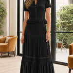 Women's Ribbed Short Sleeve Button Top and Tiered Maxi Skirt Set