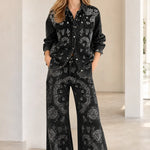 Vintage Paisley Print Denim Shirt and Wide-Leg Pants Set