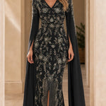 Embellished Cape Sleeve Evening Gown with Front Slit