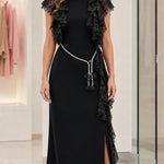 Elegant Lace Ruffle Accent Maxi Dress with Tassel Belt