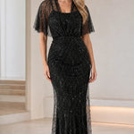 Beaded Flutter Sleeve Evening Gown Elegant Sparkle Maxi Dress