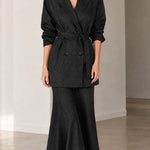 Women's Double-Breasted Belted Blazer and Flared Maxi Skirt 2-Piece Suit Set