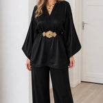 Women's Embroidered Satin Kaftan Top and Wide-Leg Pants Two-Piece Set