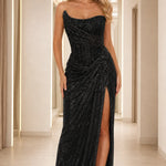 Strapless Shimmer Draped Evening Gown with Slit