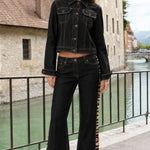 Women's Cropped Denim Jacket and Animal Print Stripe Flare Pants Two-Piece Set