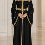 Embellished Off-Shoulder Halter Neck Satin Maxi Dress with Bell Sleeves