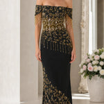 Off-Shoulder Beaded Formal Evening Dress with Fringe Detail