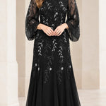 Sequined Botanical Sheer Sleeve Chiffon Maxi Evening Gown