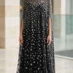 Sequined Beaded High-Neck Cape Evening Gown