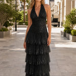 Halter Neck Ruched Bodice Tiered Sequin Tulle Maxi Evening Gown