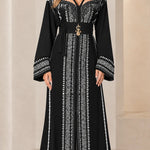 Embroidered Moroccan Caftan Maxi Dress with Fringe & Embellished Belt