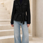 Women's Herringbone Belted Utility Blazer Jacket with Flap Pockets